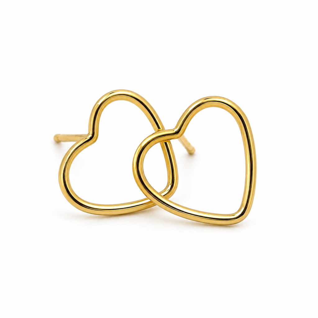 Gold heart-shaped hoop earrings on a white background
