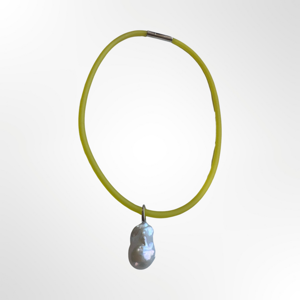 Yellow Silicone + Freshwater Pearl Pendant Necklace