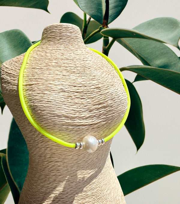 Fluor Yellow + Freshwater Pearl Necklace - 3mm