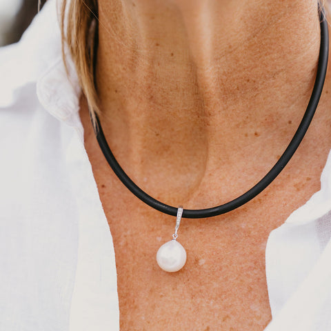 freshwater pearl on a neoprene necklace