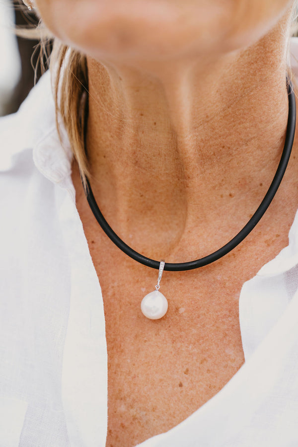 freshwater pearl on a neoprene necklace