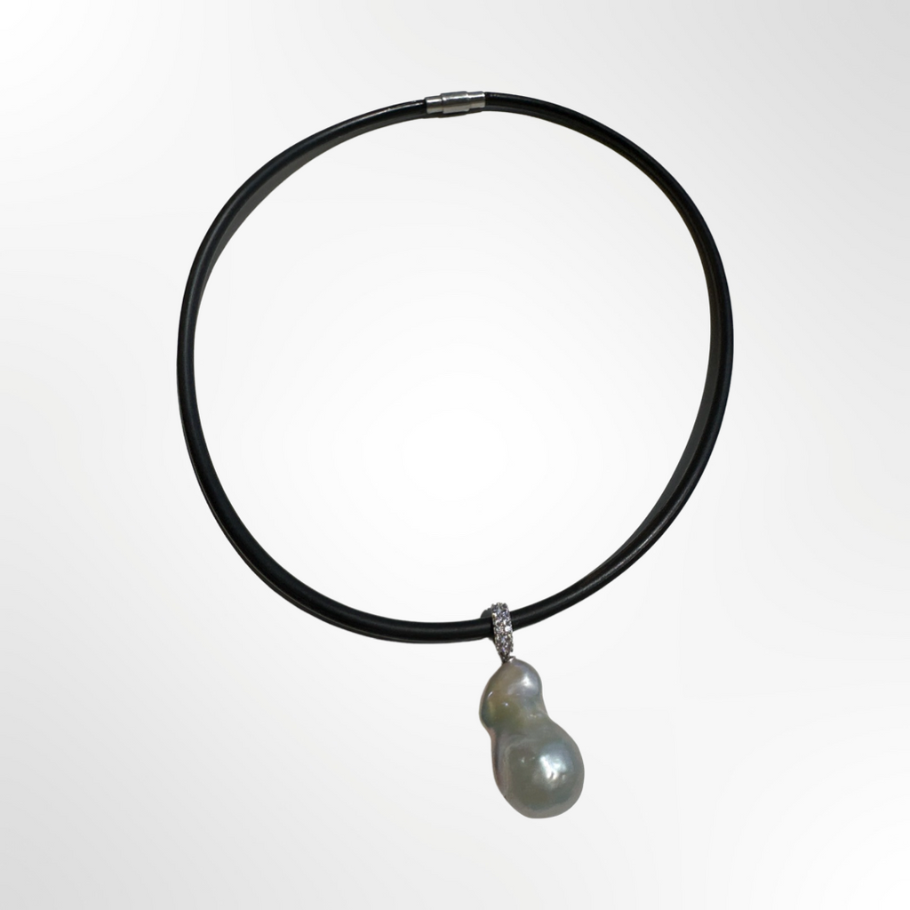 Black Neoprene + Freshwater Pearl Pendant Necklace