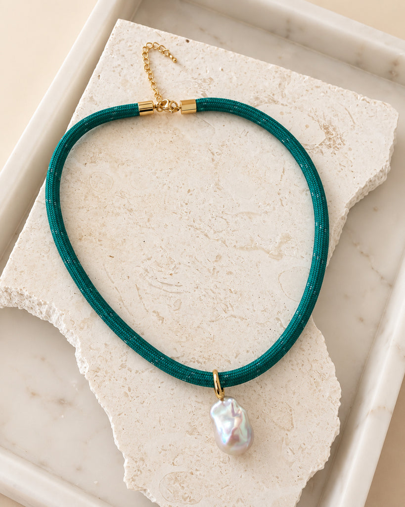 emerald green woven cord with baroque pearl pendant necklace