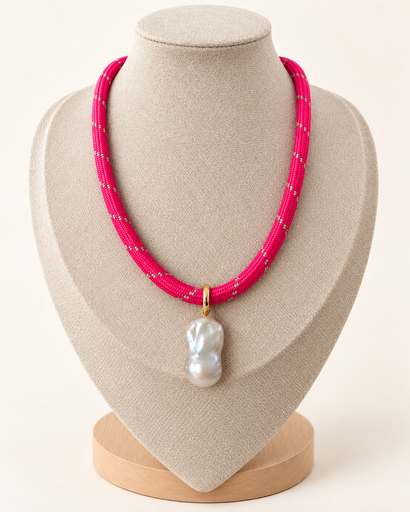 hot pink woven cord necklace with freshwater pearl necklace