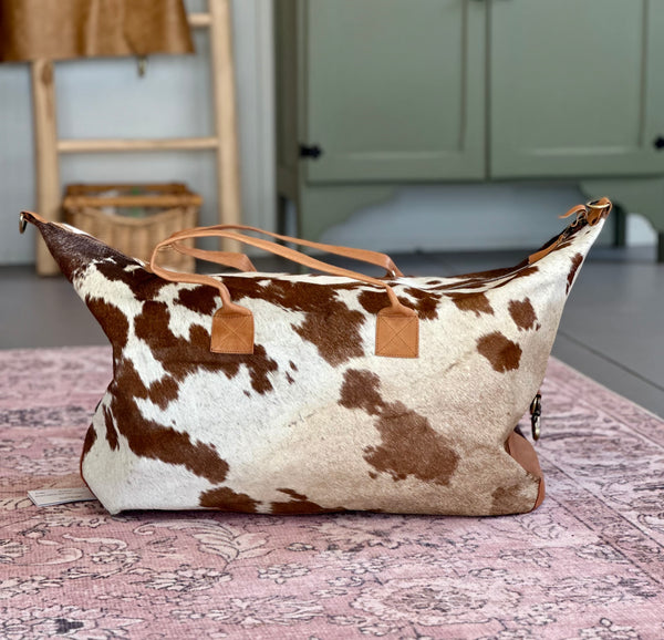 cow hide duffle bag