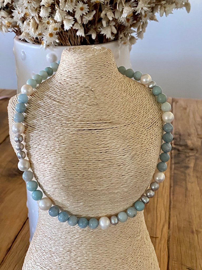 Aquamarine +Amazonite + Pearl Necklace