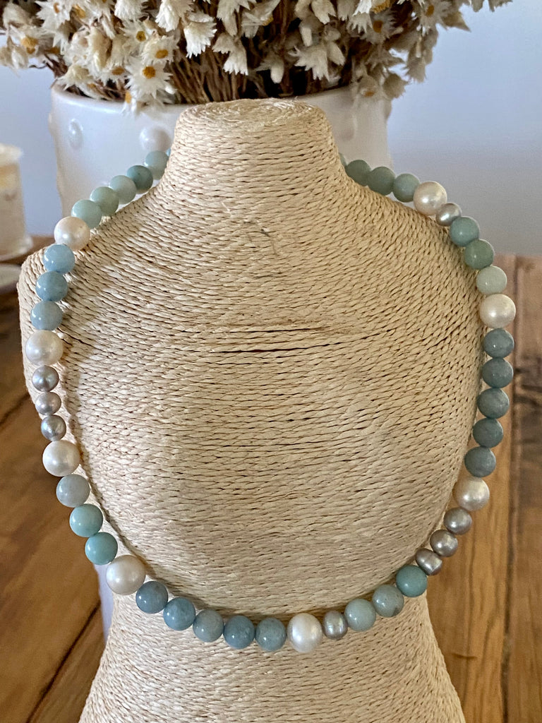 Aquamarine +Amazonite + Pearl Necklace