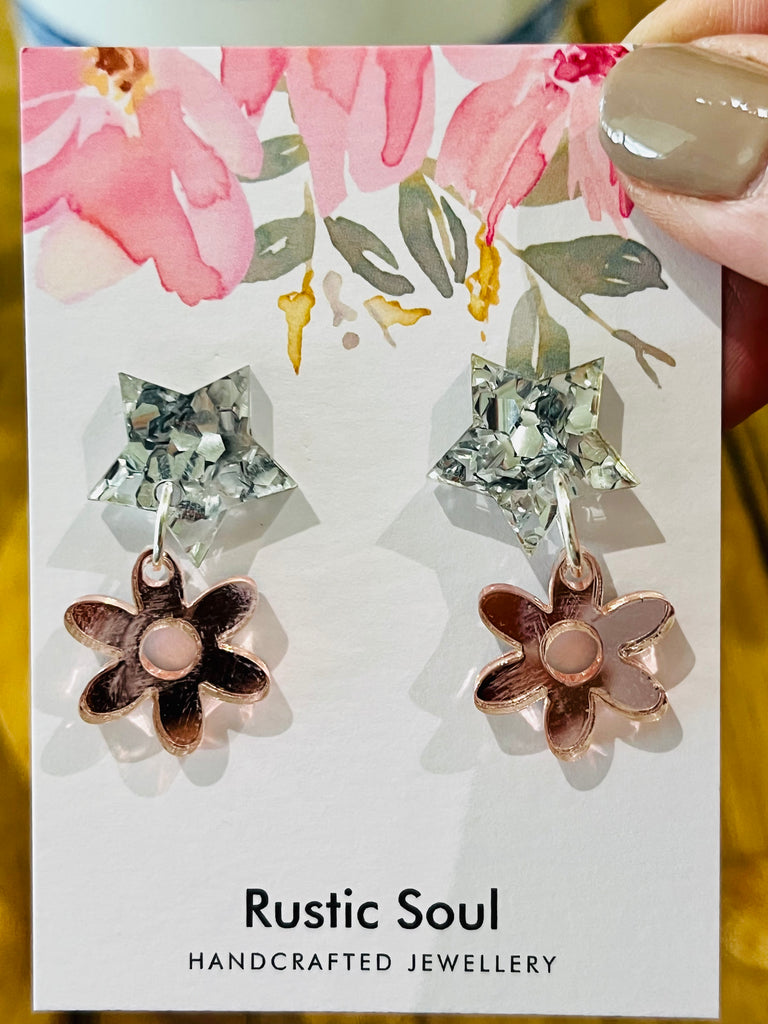 Silver Drop Sparkle + Pink Daisy Earrings