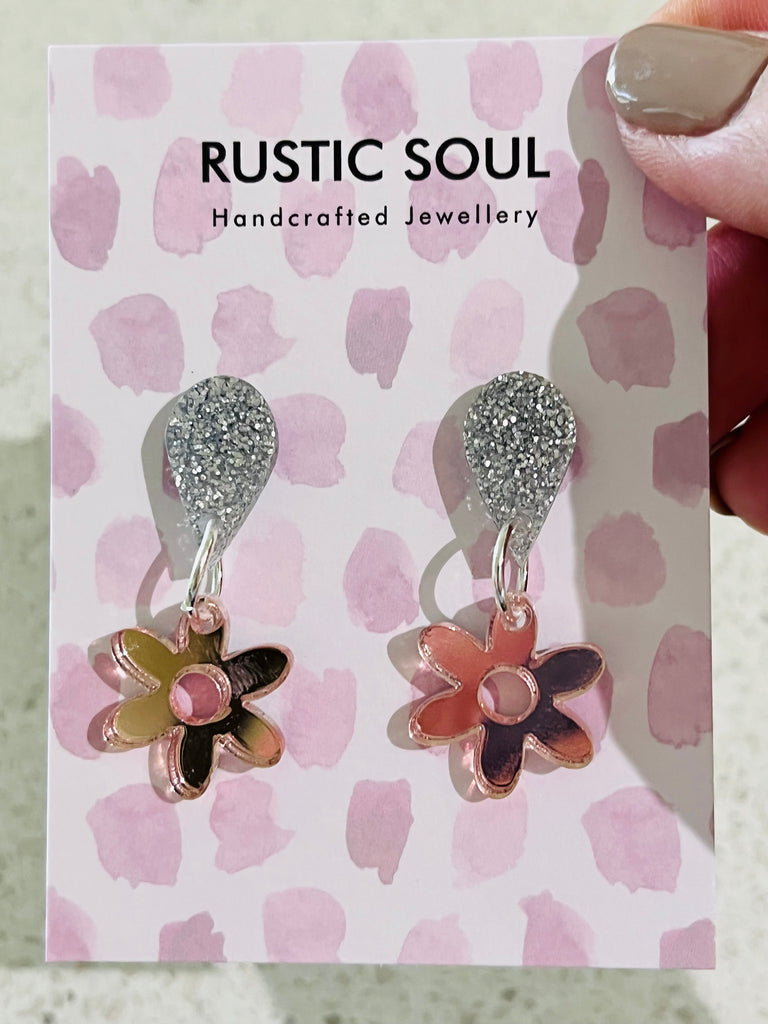 Silver Drop Sparkle + Pink Daisy Earrings