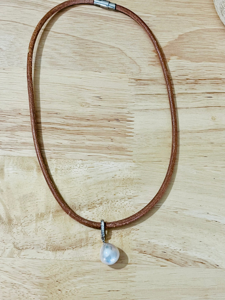Leather and Baroque Pearl Pendant